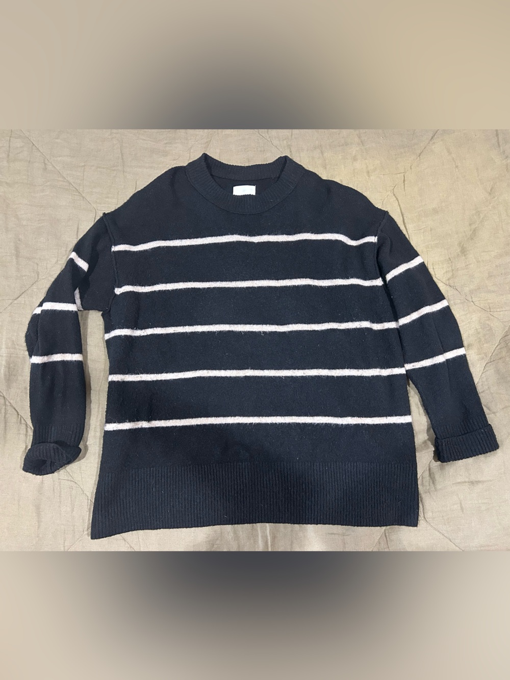 aerie Black and White Striped Crewneck Sweater